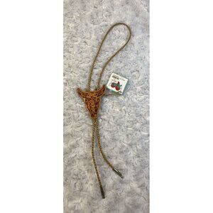 XOXO Bolo Tie Wooden And Sequin Cowboy Skull Tan Leather Adjustable